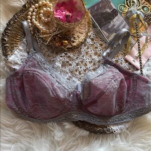 Vintage Y2K Sophie B. Pink Gray Lace Bra Mesh 38D New Cute Sexy Comfortable Fun